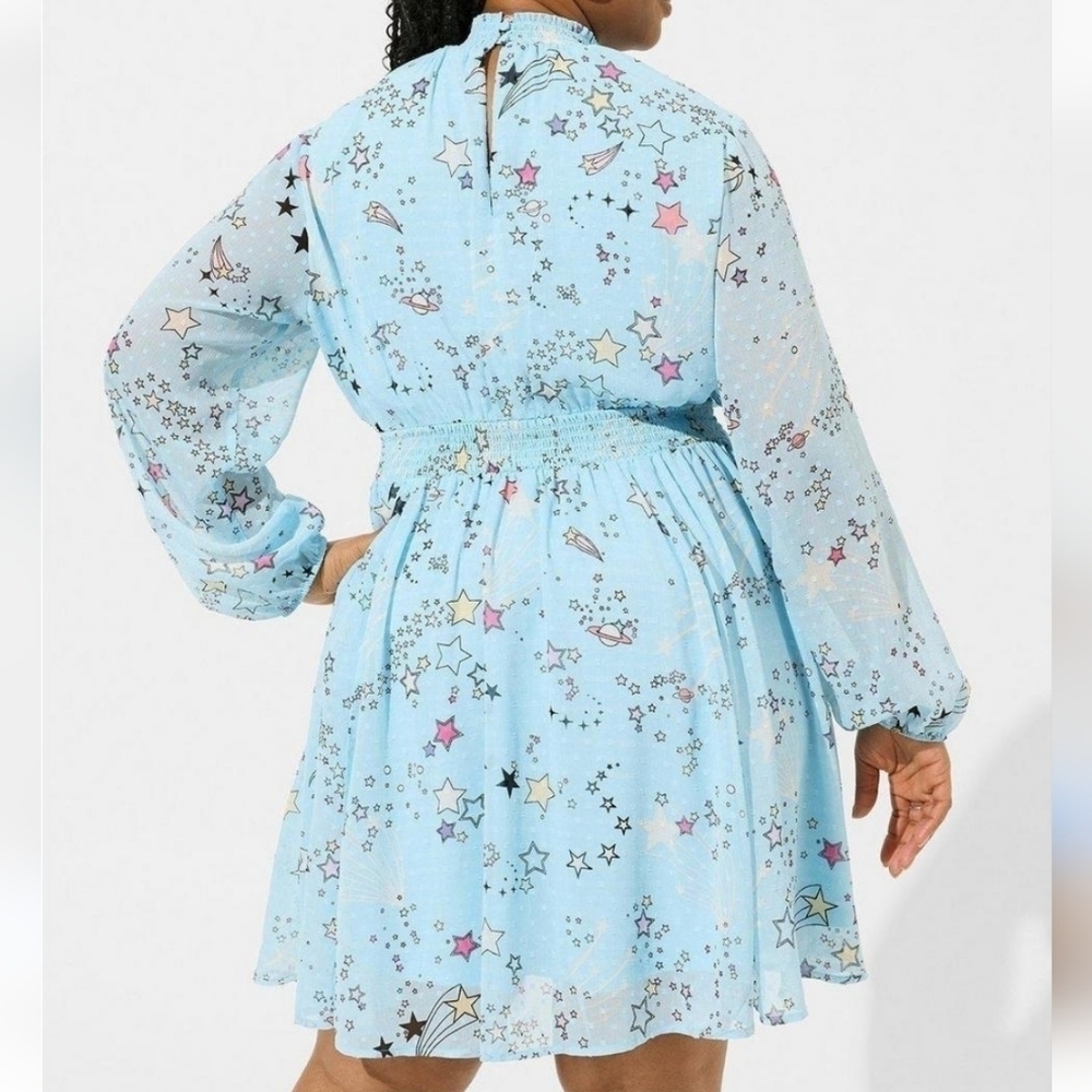 Torrid Cosmic Stars Mini Clipdot Blouson Sleeve Mock Neck Skater Dress 1 NWT - Picture 7 of 7